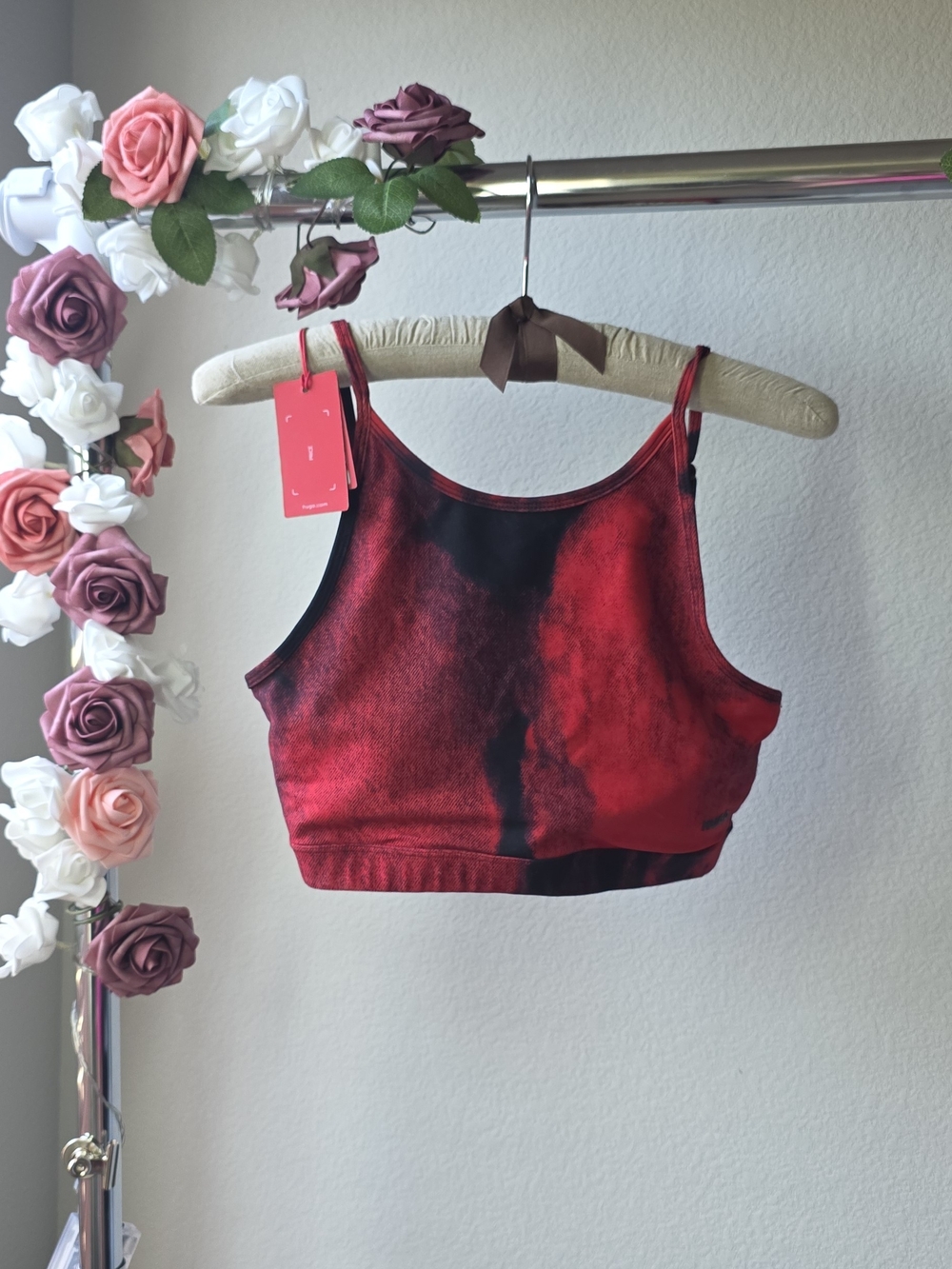 HUGO Red and Black Tie-Dye Bikini Top